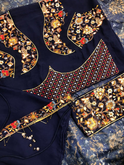 Navy blue malai silk digital print and embroidery work designer lehenga
