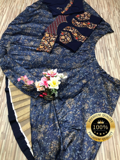 Navy blue malai silk digital print and embroidery work designer lehenga