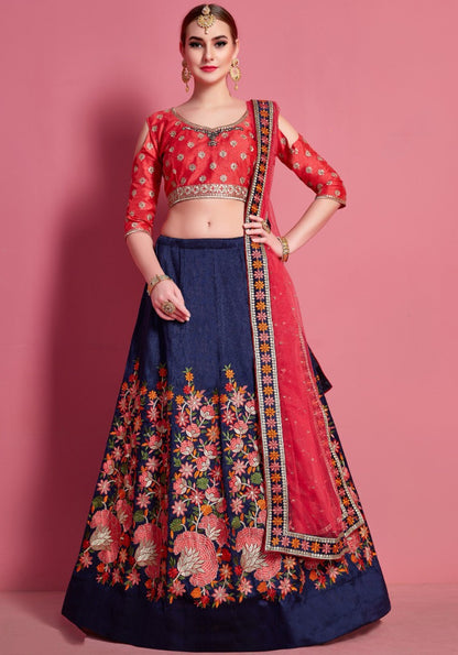 Navy blue malbari silk embroidered work ceremonial lehenga choli