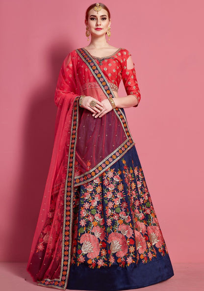 Navy blue malbari silk embroidered work ceremonial lehenga choli