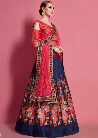 Navy blue malbari silk embroidered work ceremonial lehenga choli