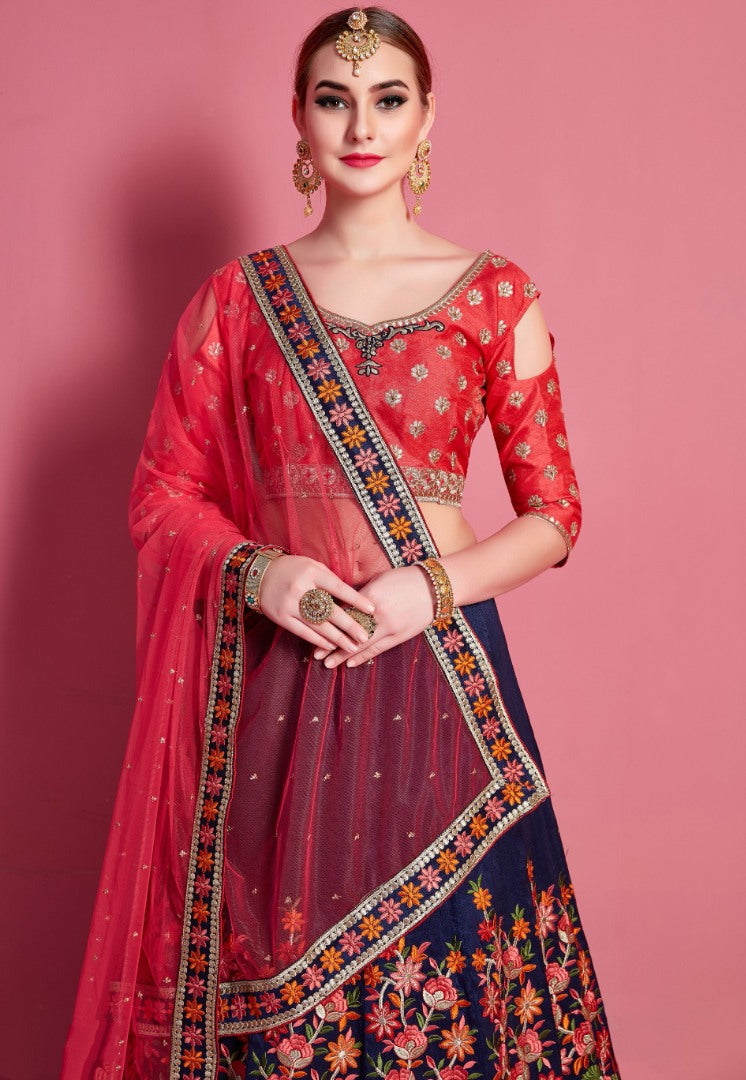 Navy blue malbari silk embroidered work ceremonial lehenga choli