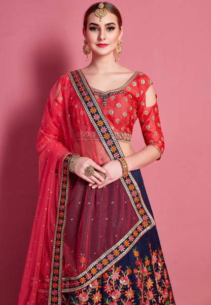 Navy blue malbari silk embroidered work ceremonial lehenga choli
