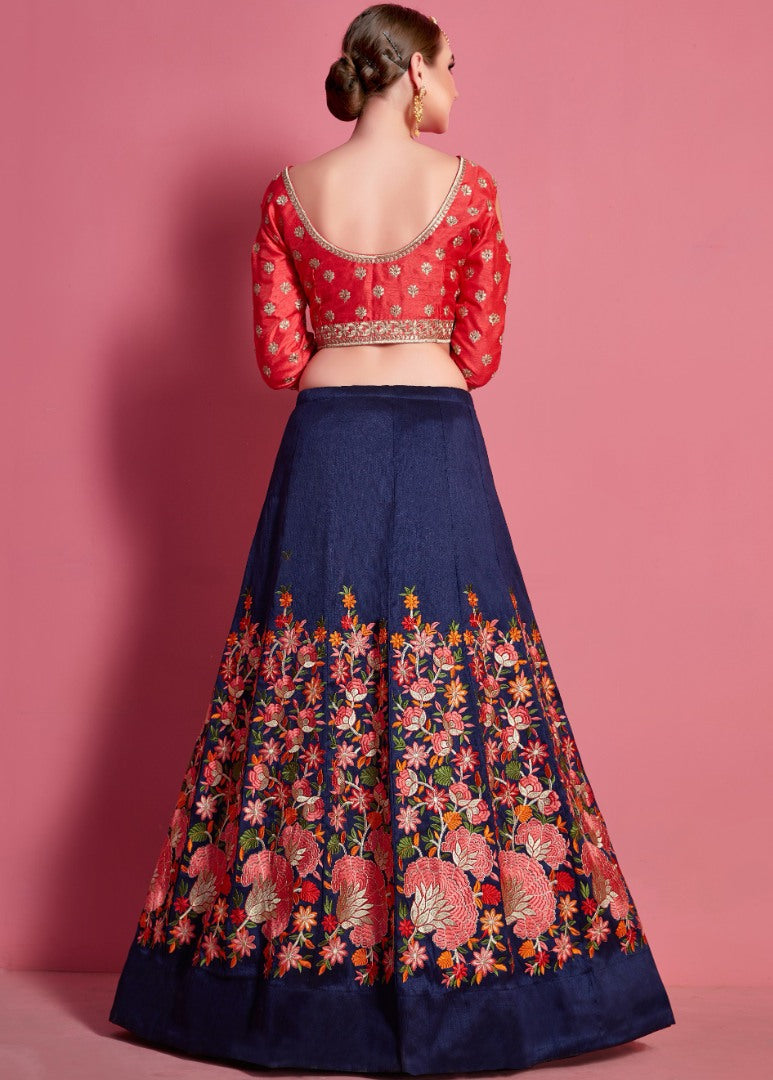 Navy blue malbari silk embroidered work ceremonial lehenga choli