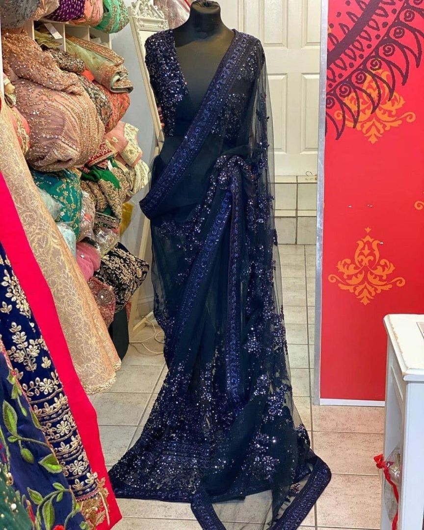 Navy blue mono net sequence and chainstitch work partywear saree