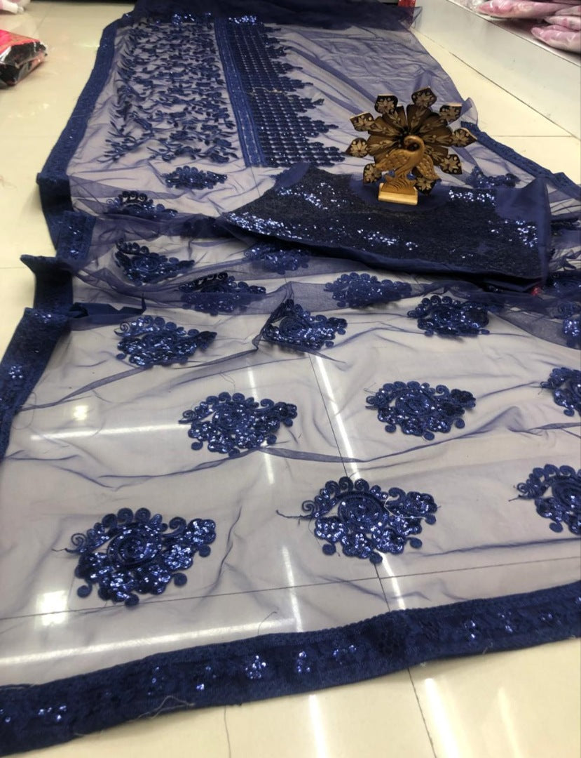 Navy blue mono net sequence and chainstitch work partywear saree