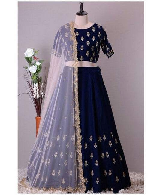 Navy blue mulberry silk embroidered ceremonial lehenga