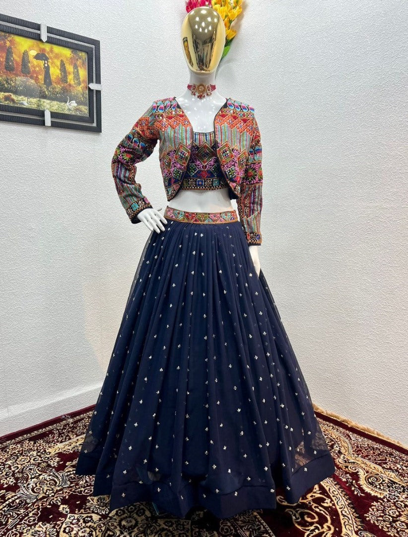 Navy blue multi color embroidery work lehenga choli with jacket