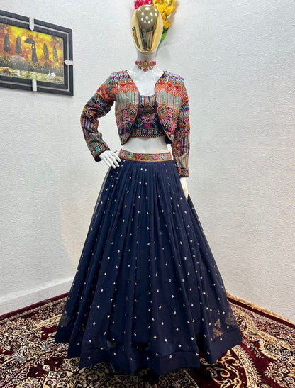 Navy blue multi color embroidery work lehenga choli with jacket