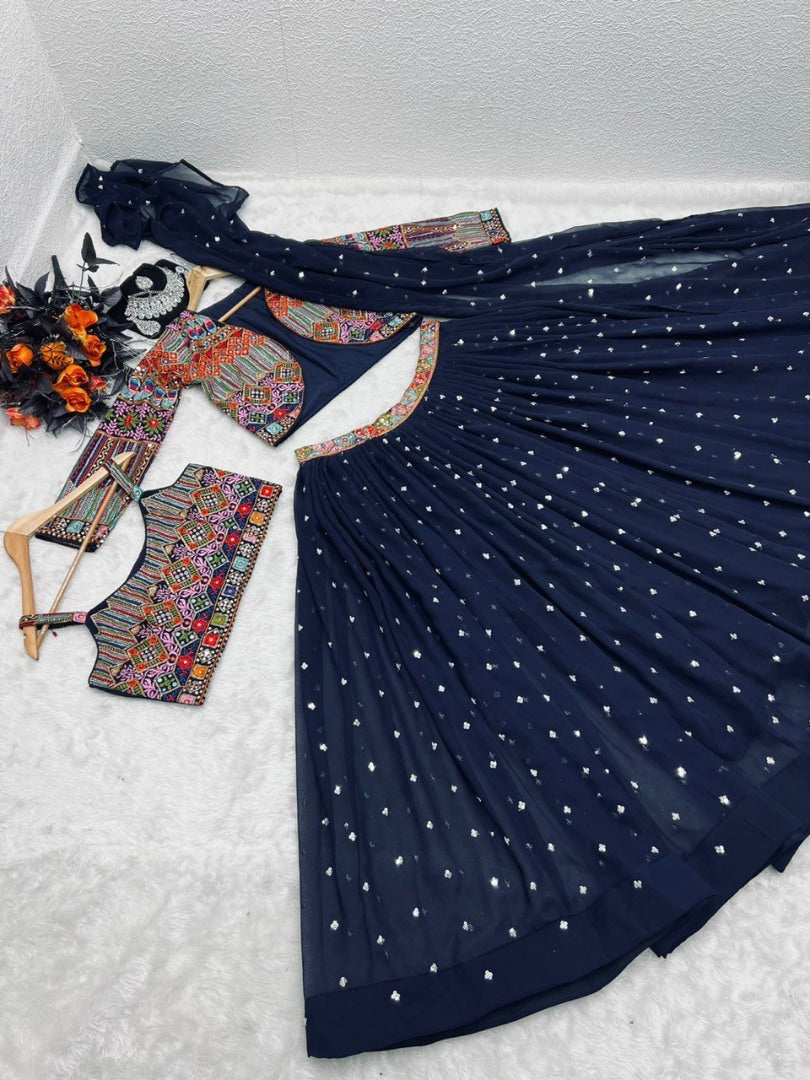 Navy blue multi color embroidery work lehenga choli with jacket