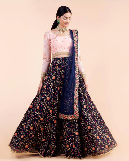 Navy blue multi thread embroidered ceremonial lehenga choli