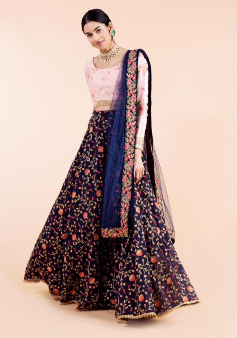 Navy blue multi thread embroidered ceremonial lehenga choli