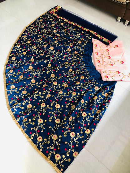 Navy blue multi thread embroidered ceremonial lehenga choli