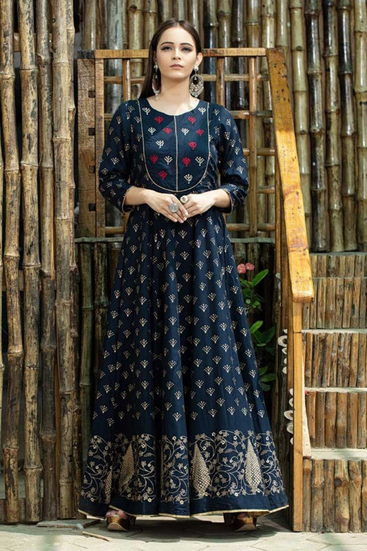 Navy blue muslin cotton digital printed casual wear gown