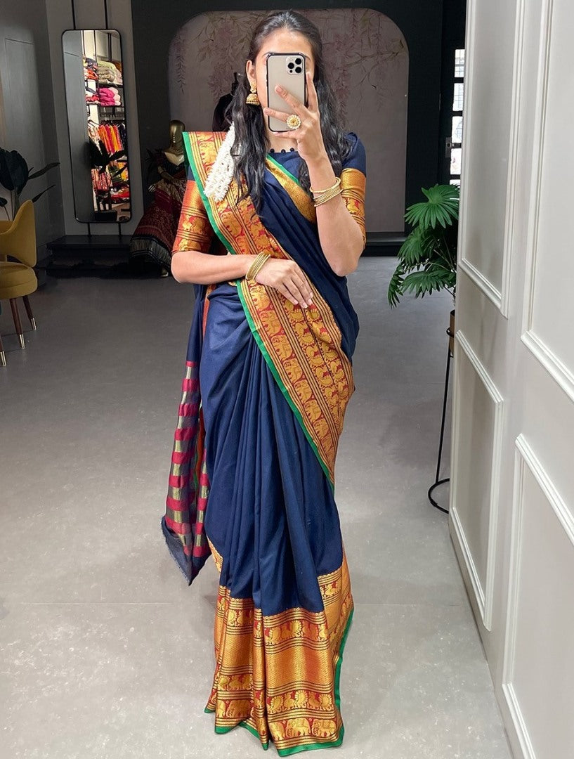 Navy blue narayan pet cotton weaving work saree