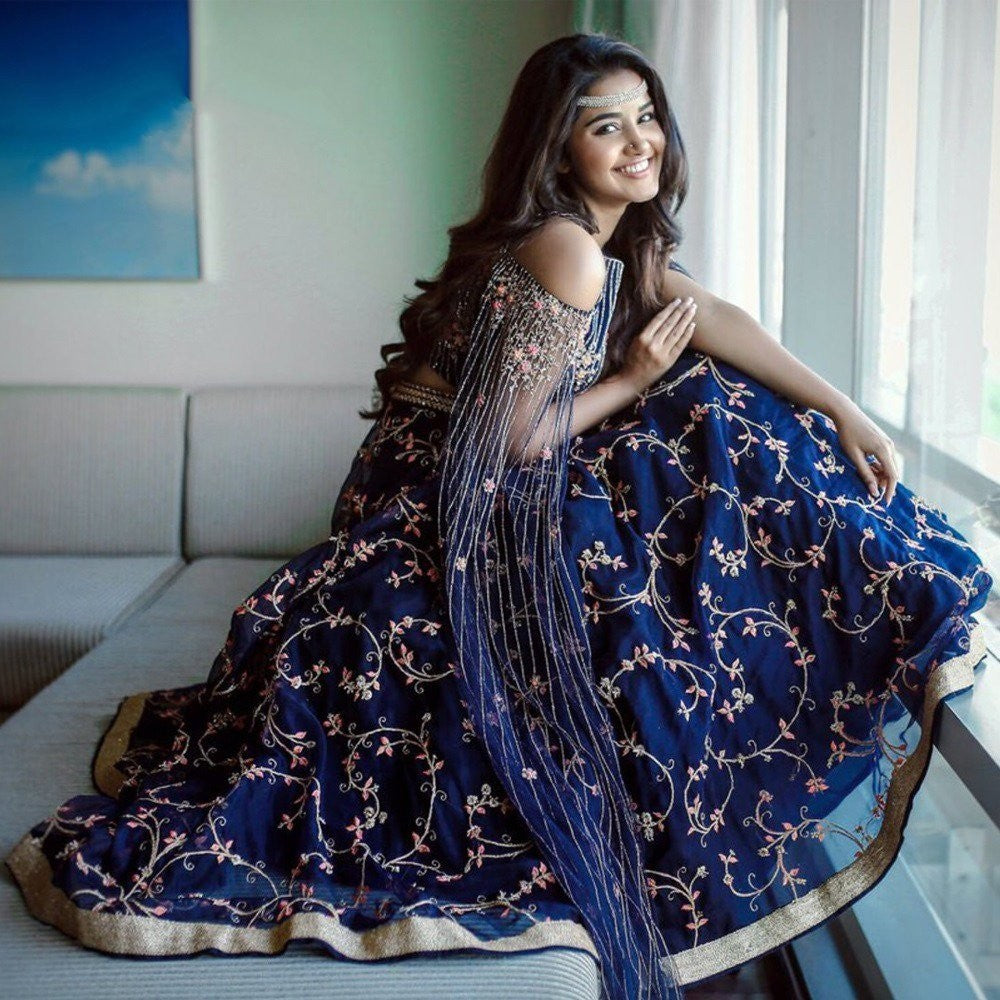 navy blue net embroidered ceremonial lehenga