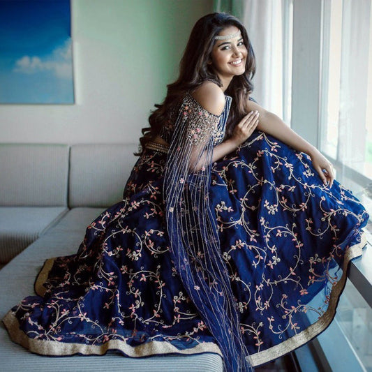 navy blue net embroidered ceremonial lehenga