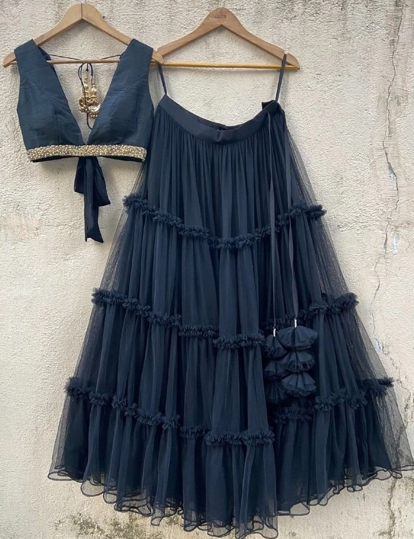 Navy blue net embroidery work ruffle lehenga choli