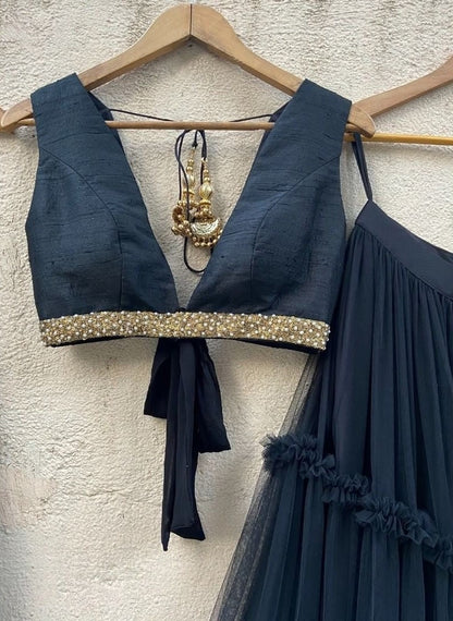 Navy blue net embroidery work ruffle lehenga choli