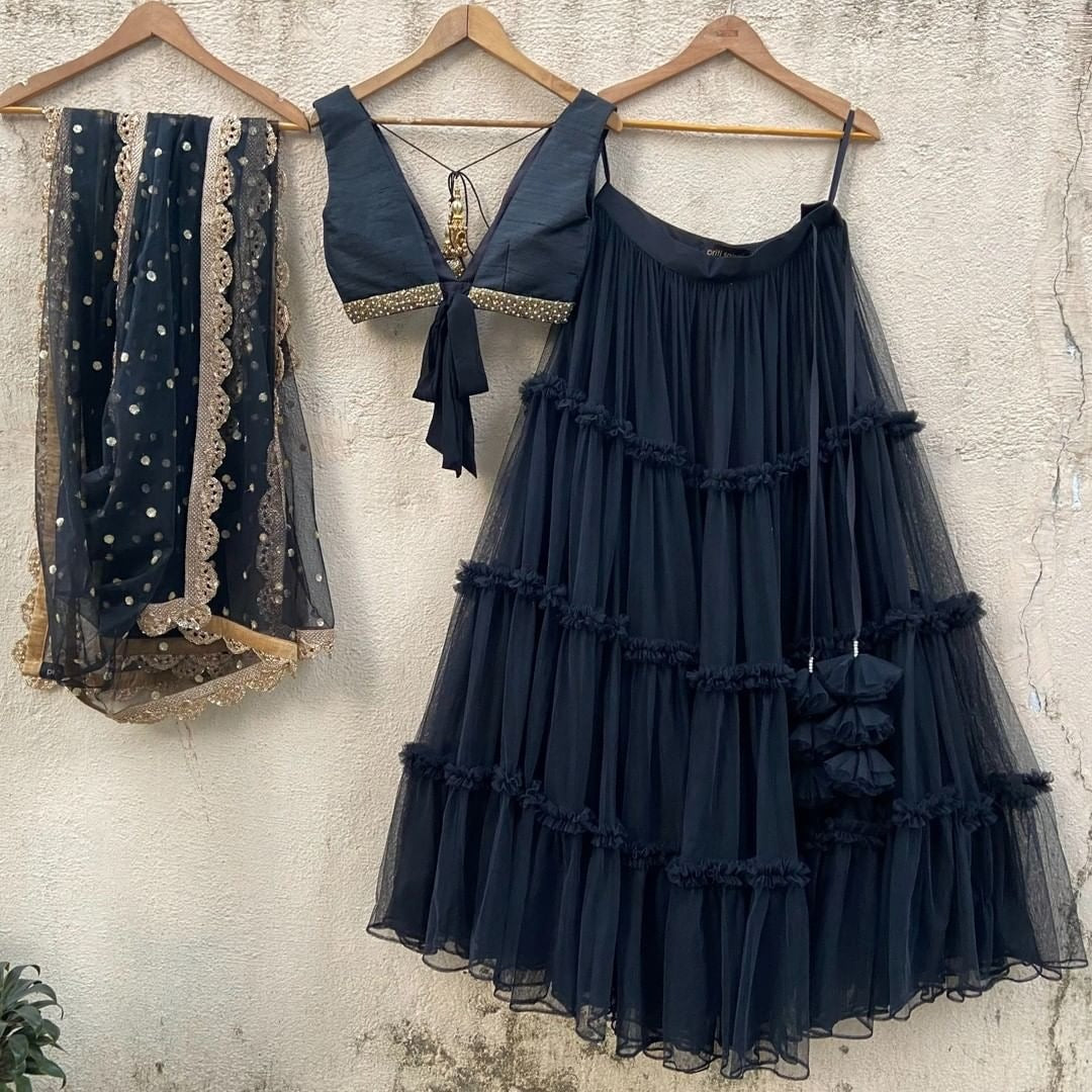 Navy blue net embroidery work ruffle lehenga choli