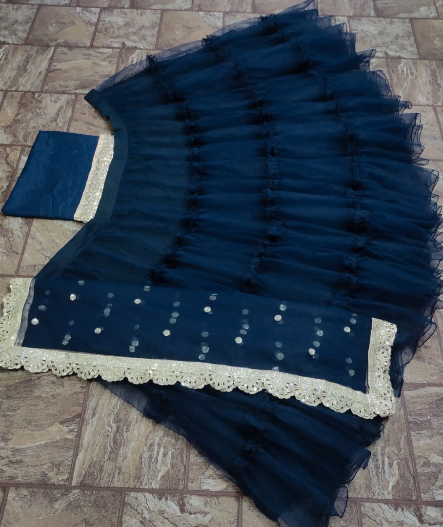 Navy blue net embroidery work ruffle lehenga choli