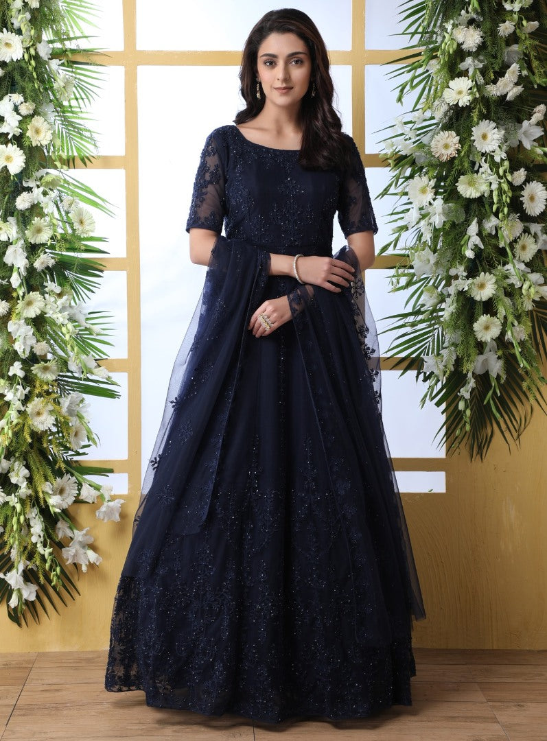 Navy blue net heavy embroidered wedding long anarkali gown