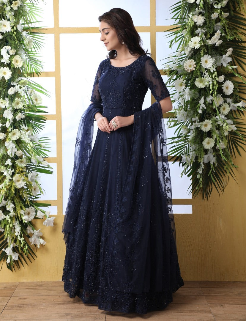 Navy blue net heavy embroidered wedding long anarkali gown