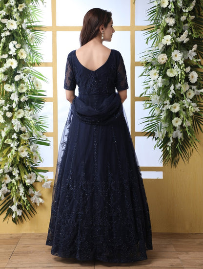 Navy blue net heavy embroidered wedding long anarkali gown