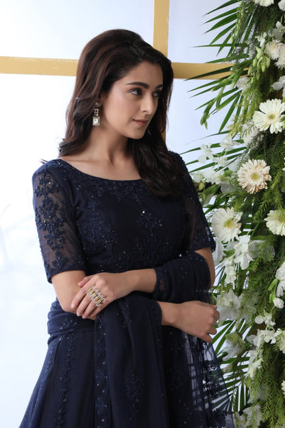 Navy blue net heavy embroidered wedding long anarkali gown