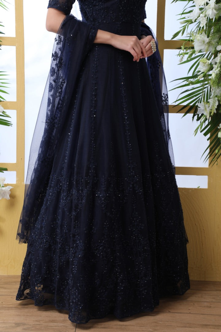 Navy blue net heavy embroidered wedding long anarkali gown