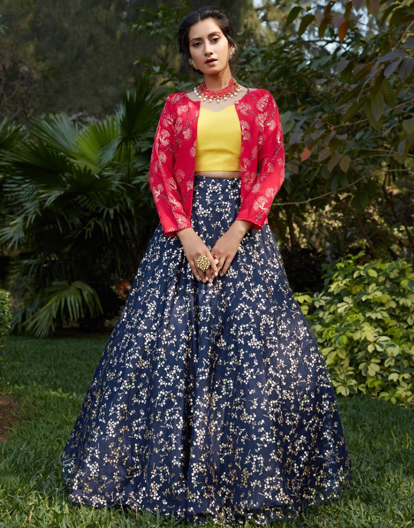 Navy blue net metallic foil printed party wear lehenga choli