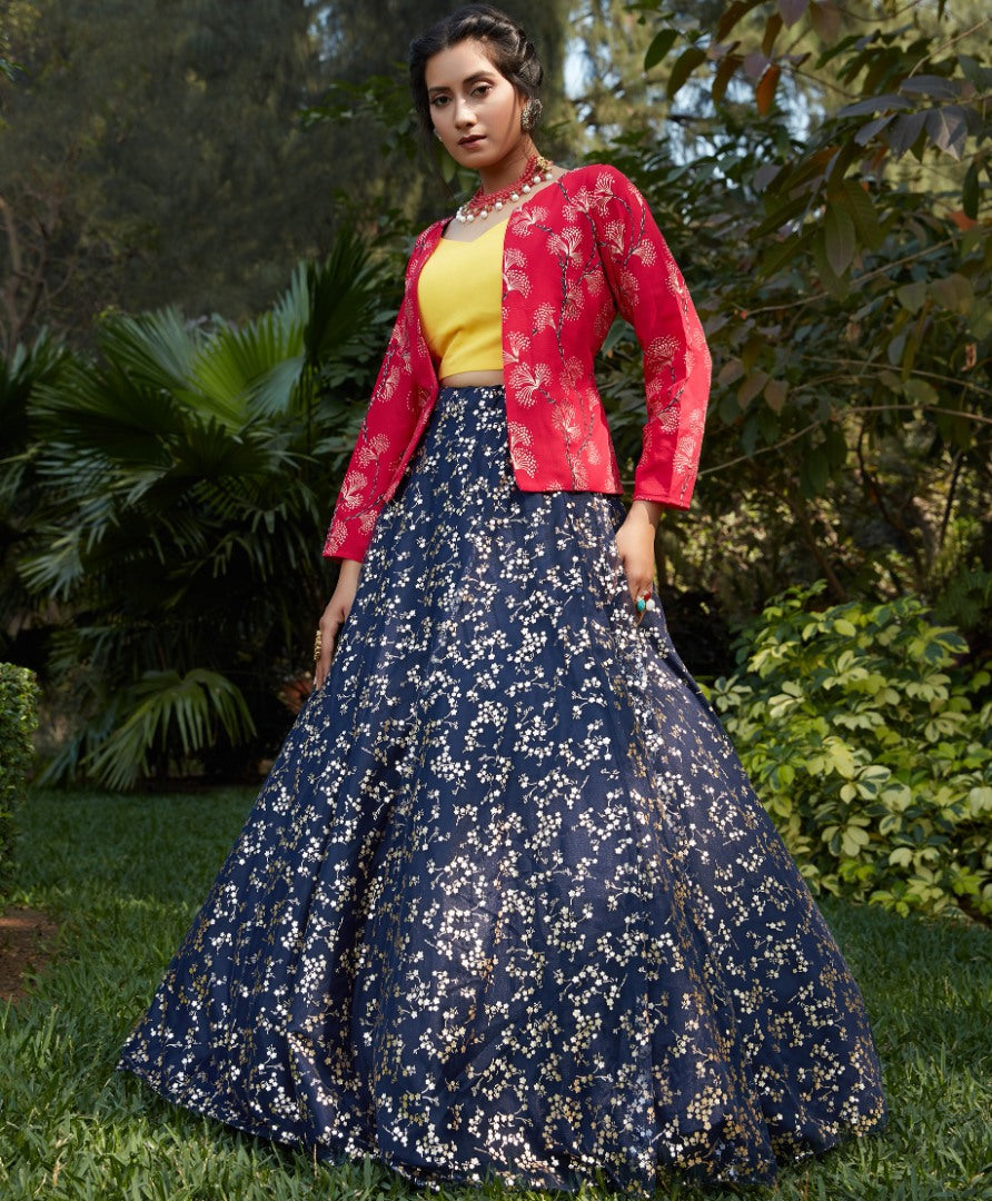 Navy blue net metallic foil printed party wear lehenga choli