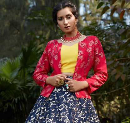 Navy blue net metallic foil printed party wear lehenga choli