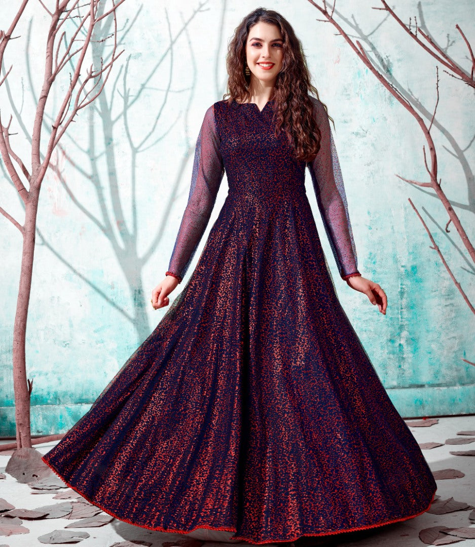 Navy blue net metallic foil work party wear designer gown