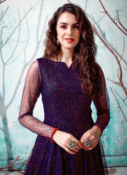 Navy blue net metallic foil work party wear designer gown