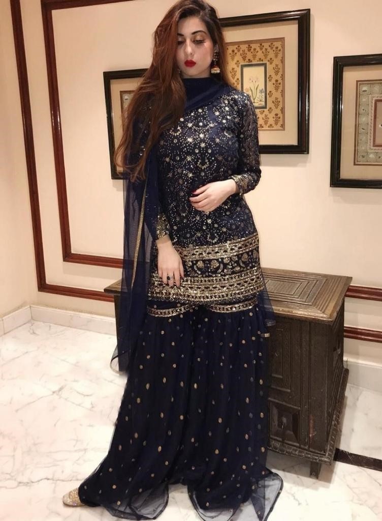 Navy blue net sequence embroidered sharara salwar suit