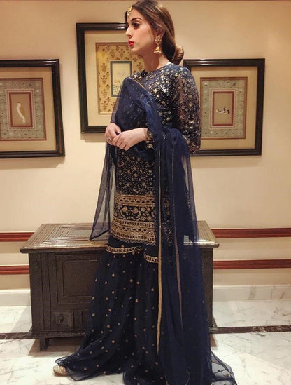 Navy blue net sequence embroidered sharara salwar suit