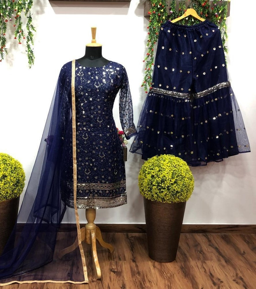 Navy blue net sequence embroidered sharara salwar suit