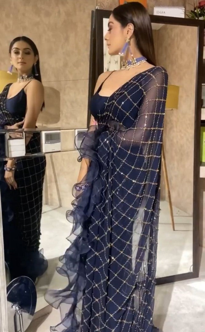 Navy blue net sequence work ruffle border saree