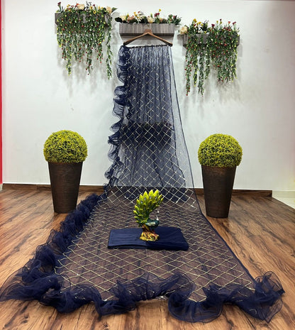 Navy blue net sequence work ruffle border saree