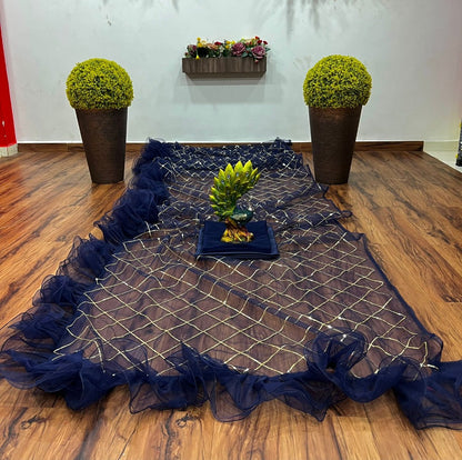 Navy blue net sequence work ruffle border saree