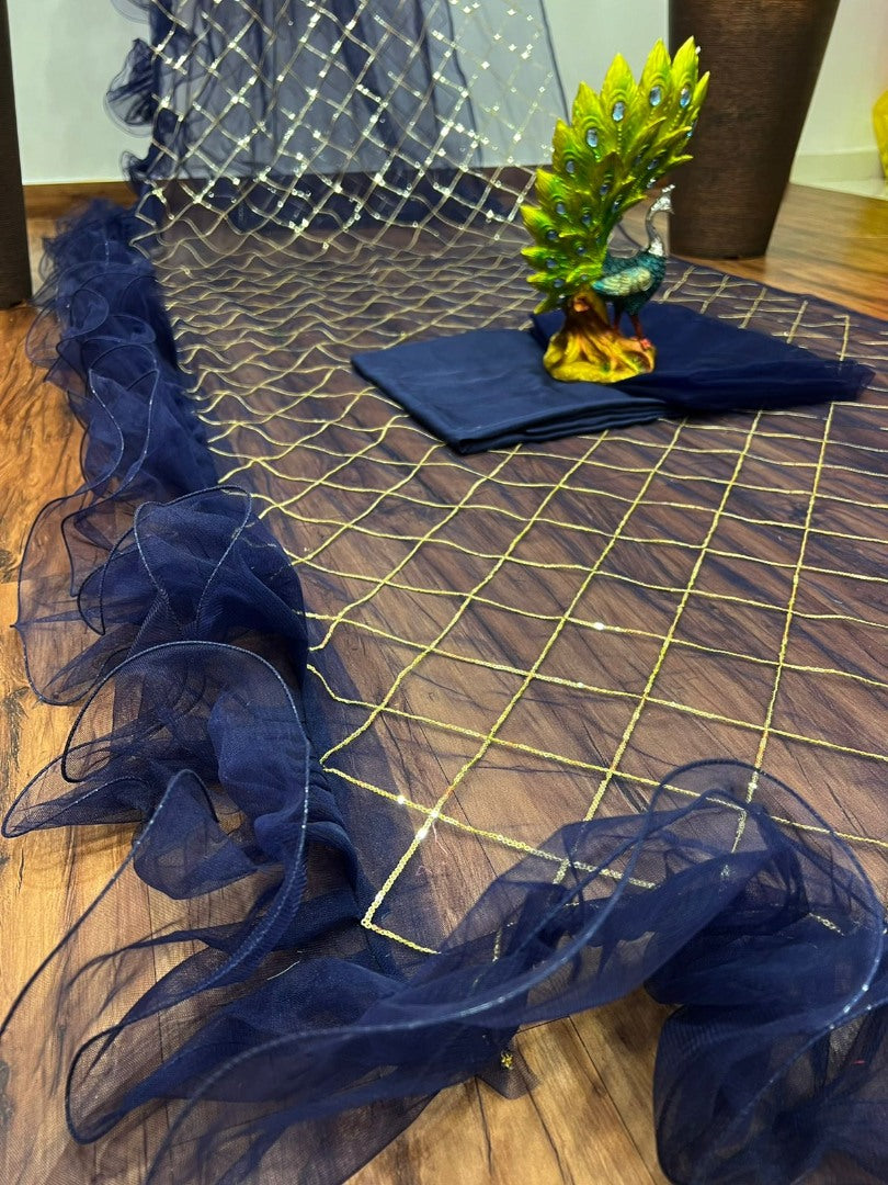 Navy blue net sequence work ruffle border saree