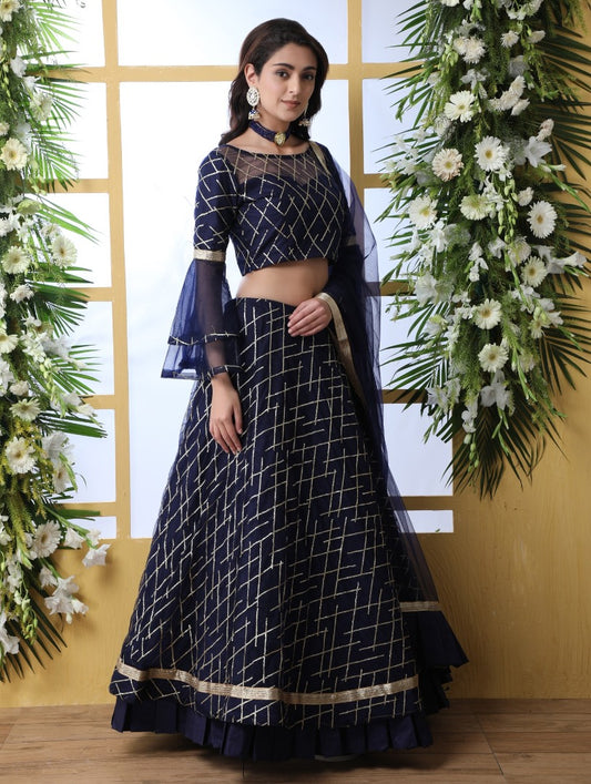 Navy blue net thread and sequence embroidered wedding lehenga choli