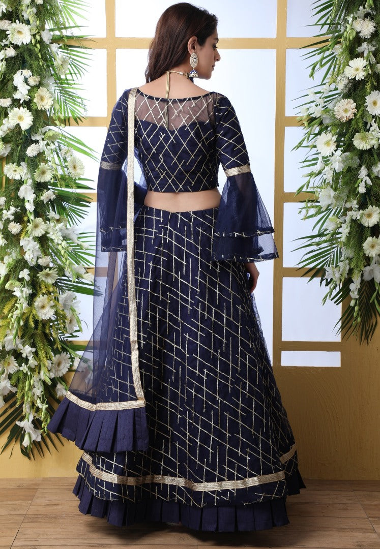 Navy blue net thread and sequence embroidered wedding lehenga choli