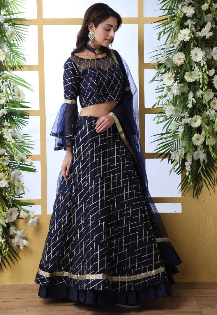 Navy blue net thread and sequence embroidered wedding lehenga choli