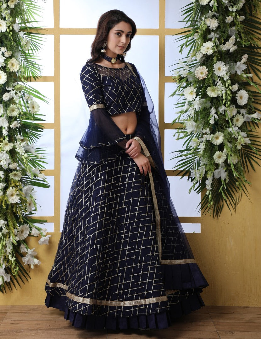 Navy blue net thread and sequence embroidered wedding lehenga choli