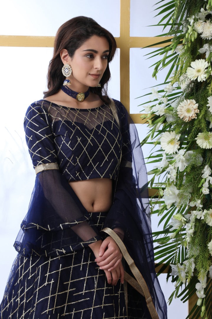 Navy blue net thread and sequence embroidered wedding lehenga choli