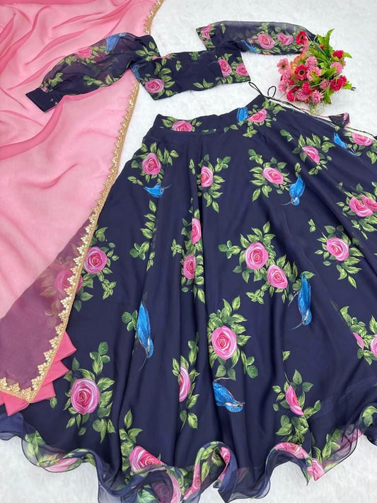 Navy blue organza floral printed lehenga choli