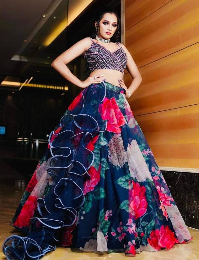 Navy blue organza floral printed lehenga choli