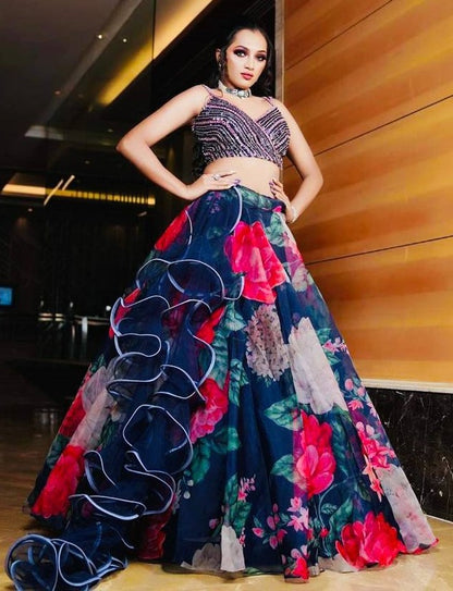 Navy blue organza floral printed lehenga choli